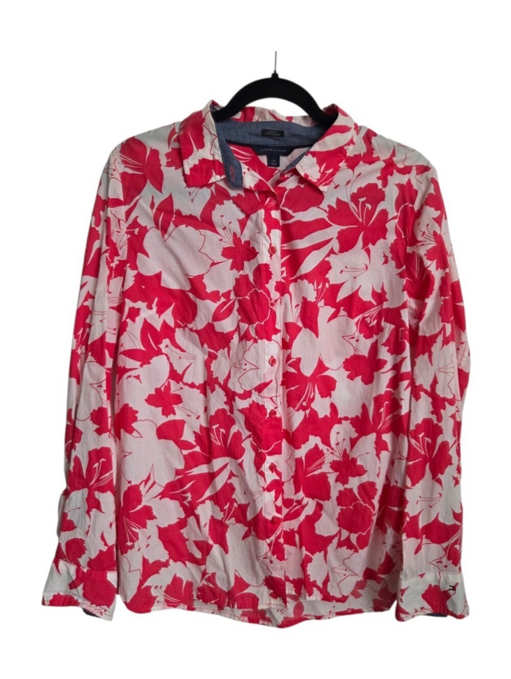 Tommy Hilfiger Preppy Pink White Floral Tropical Button-Up Shirt Women Large
